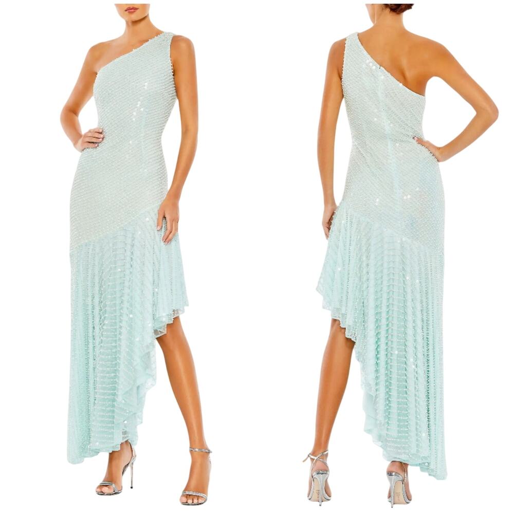 Mac Duggal One-Shoulder Sequin Maxi Dress in Light Aqua